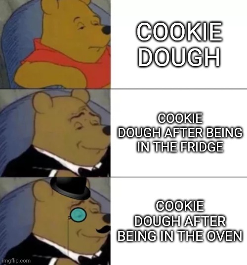 Because that's how it is |  COOKIE DOUGH; COOKIE DOUGH AFTER BEING IN THE FRIDGE; COOKIE DOUGH AFTER BEING IN THE OVEN | image tagged in fancy pooh,cookie dough,cookies | made w/ Imgflip meme maker