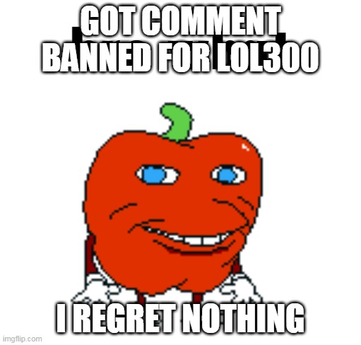 Pepperman Bro What | GOT COMMENT BANNED FOR LOL300; I REGRET NOTHING | image tagged in pepperman bro what | made w/ Imgflip meme maker