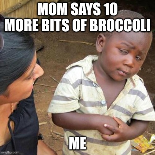 Third World Skeptical Kid | MOM SAYS 10 MORE BITS OF BROCCOLI; ME | image tagged in memes,third world skeptical kid | made w/ Imgflip meme maker