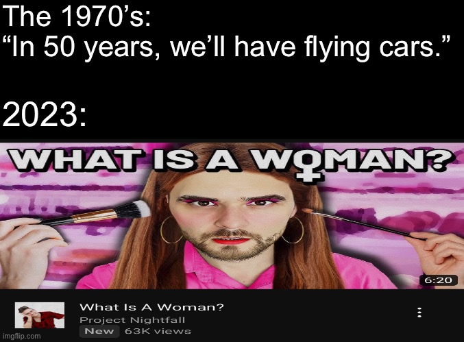 The 1970’s:
“In 50 years, we’ll have flying cars.”; 2023: | made w/ Imgflip meme maker