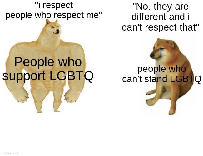 Buff Doge vs. Cheems Meme | ''i respect people who respect me''; "No. they are different and i can't respect that''; People who support LGBTQ; people who can't stand LGBTQ | image tagged in memes,buff doge vs cheems | made w/ Imgflip meme maker