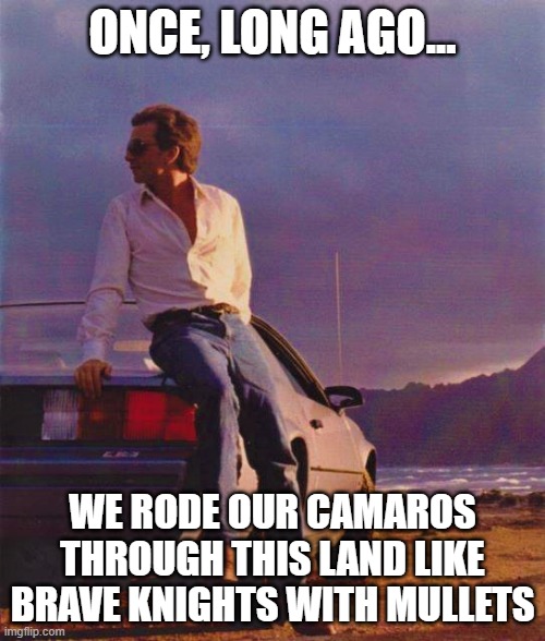 1980s Guys | ONCE, LONG AGO... WE RODE OUR CAMAROS THROUGH THIS LAND LIKE BRAVE KNIGHTS WITH MULLETS | image tagged in memes | made w/ Imgflip meme maker