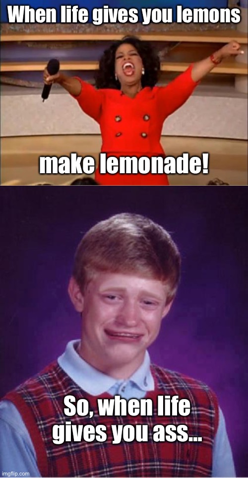 Buttrot here I come | When life gives you lemons; make lemonade! So, when life gives you ass… | image tagged in memes,oprah you get a,bad luck brian cry | made w/ Imgflip meme maker