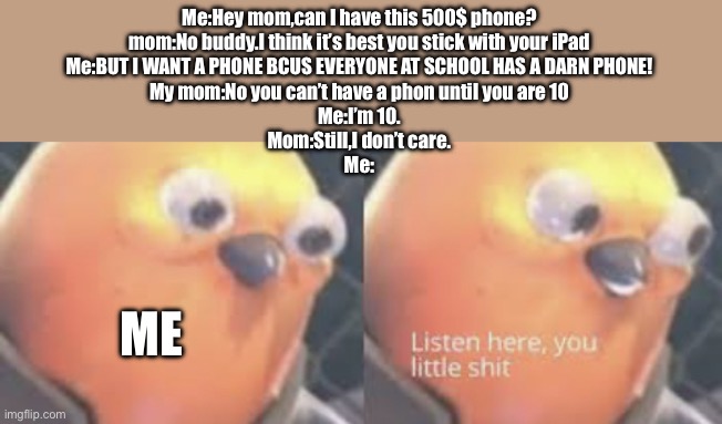 Me vs mom over 500 $ phone | Me:Hey mom,can I have this 500$ phone?
mom:No buddy.I think it’s best you stick with your iPad
Me:BUT I WANT A PHONE BCUS EVERYONE AT SCHOOL HAS A DARN PHONE!
My mom:No you can’t have a phon until you are 10
Me:I’m 10.
Mom:Still,I don’t care.
Me:; ME | image tagged in listen here you little shit bird | made w/ Imgflip meme maker