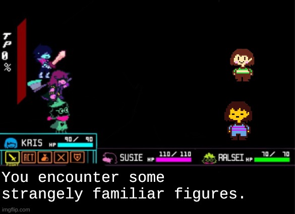 Familiar Foes | You encounter some strangely familiar figures. | image tagged in blank deltarune battle | made w/ Imgflip meme maker