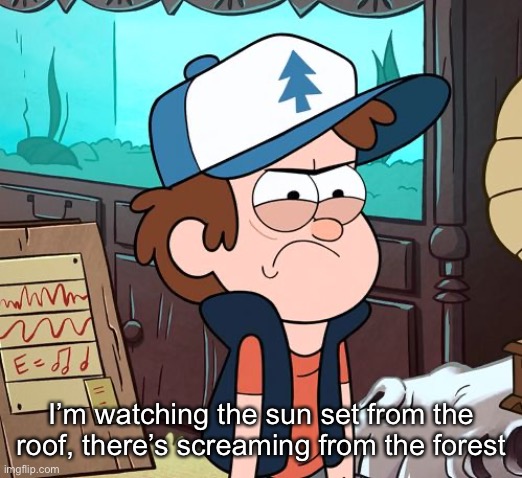 Angry Dipper | I’m watching the sun set from the roof, there’s screaming from the forest | image tagged in angry dipper | made w/ Imgflip meme maker