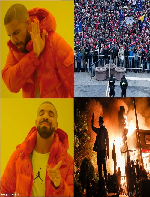 Liberal Logic Jan 6 vs. 2020 Riots | image tagged in tucker carlson,january 6,peaceful protest,george floyd,drake meme,insurrection | made w/ Imgflip meme maker