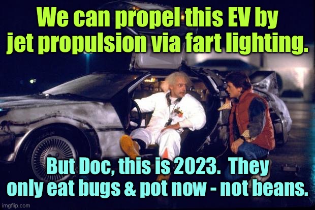So you’re stuck in 2023 | We can propel this EV by jet propulsion via fart lighting. But Doc, this is 2023.  They only eat bugs & pot now - not beans. | image tagged in back to the future,ev,farts | made w/ Imgflip meme maker