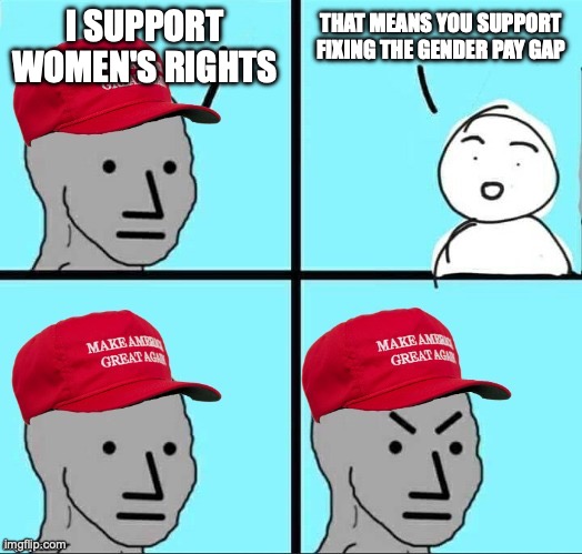 A priority for women's rights is to fix the gender pay gap | I SUPPORT WOMEN'S RIGHTS; THAT MEANS YOU SUPPORT FIXING THE GENDER PAY GAP | image tagged in maga npc an an0nym0us template,gender pay gap,womens rights,basic,feminism,basic feminism | made w/ Imgflip meme maker