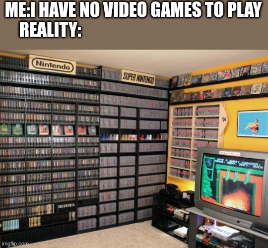 There is never enough video games | ME:I HAVE NO VIDEO GAMES TO PLAY
REALITY: | image tagged in video games | made w/ Imgflip meme maker