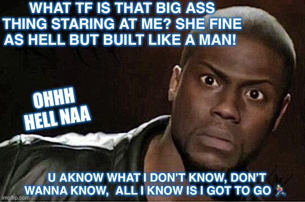 Kevin hart what is that!? | WHAT TF IS THAT BIG ASS THING STARING AT ME? SHE FINE AS HELL BUT BUILT LIKE A MAN! OHHH HELL NAA; U AKNOW WHAT I DON’T KNOW, DON’T WANNA KNOW,  ALL I KNOW IS I GOT TO GO 🏃‍♂️ | image tagged in memes,kevin hart | made w/ Imgflip meme maker