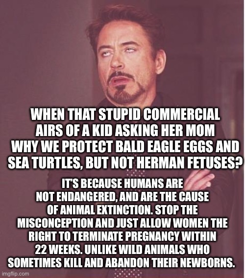 Face You Make Robert Downey Jr Meme | WHEN THAT STUPID COMMERCIAL AIRS OF A KID ASKING HER MOM WHY WE PROTECT BALD EAGLE EGGS AND SEA TURTLES, BUT NOT HERMAN FETUSES? IT’S BECAUSE HUMANS ARE NOT ENDANGERED, AND ARE THE CAUSE OF ANIMAL EXTINCTION. STOP THE MISCONCEPTION AND JUST ALLOW WOMEN THE RIGHT TO TERMINATE PREGNANCY WITHIN 22 WEEKS. UNLIKE WILD ANIMALS WHO SOMETIMES KILL AND ABANDON THEIR NEWBORNS. | image tagged in memes,face you make robert downey jr | made w/ Imgflip meme maker