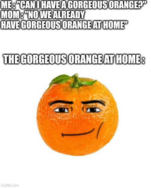 The man | ME : "CAN I HAVE A GORGEOUS ORANGE?"
MOM : "NO WE ALREADY HAVE GORGEOUS ORANGE AT HOME"; THE GORGEOUS ORANGE AT HOME : | image tagged in orange | made w/ Imgflip meme maker