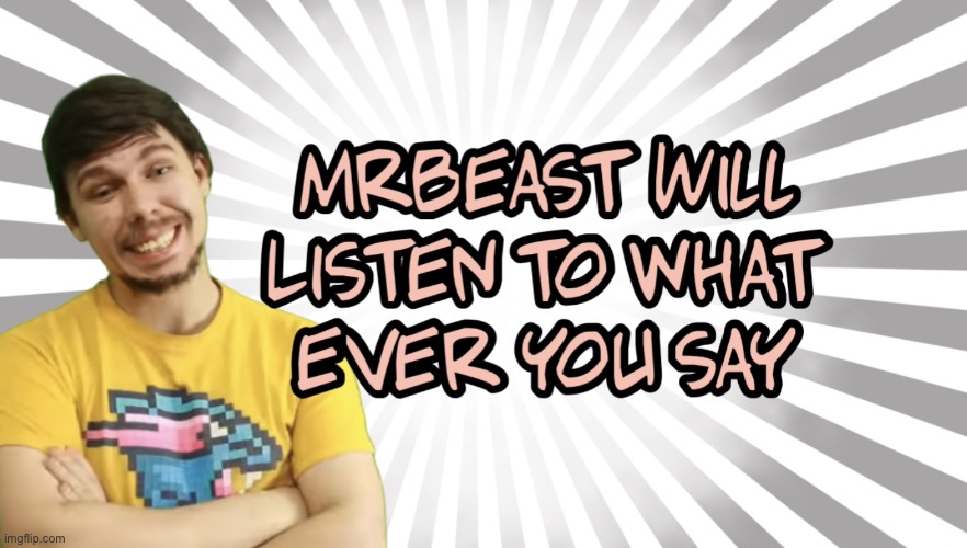 MrBeast will listen to whatever you say | image tagged in mrbeast will listen to whatever you say | made w/ Imgflip meme maker