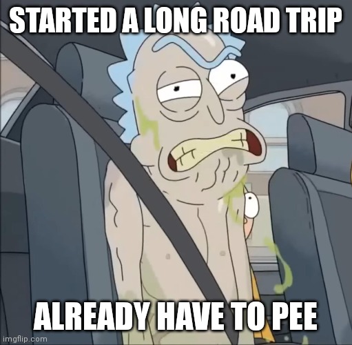 When you gotta pee | STARTED A LONG ROAD TRIP; ALREADY HAVE TO PEE | image tagged in painful,cringe,grumpy,gross,hungover | made w/ Imgflip meme maker