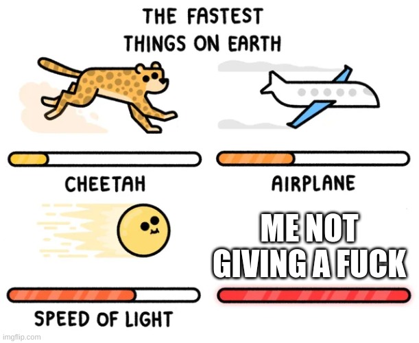 Fast things | ME NOT GIVING A FUCK | image tagged in fast things | made w/ Imgflip meme maker