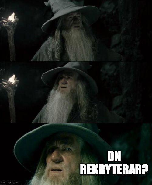 Confused Gandalf Meme | DN REKRYTERAR? | image tagged in memes,confused gandalf | made w/ Imgflip meme maker