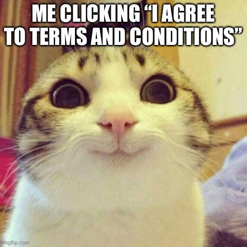 Smiling Cat | ME CLICKING “I AGREE TO TERMS AND CONDITIONS” | image tagged in memes,smiling cat | made w/ Imgflip meme maker