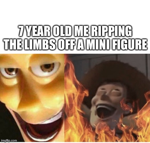 I always felt like god | 7 YEAR OLD ME RIPPING THE LIMBS OFF A MINI FIGURE | image tagged in fire woody | made w/ Imgflip meme maker