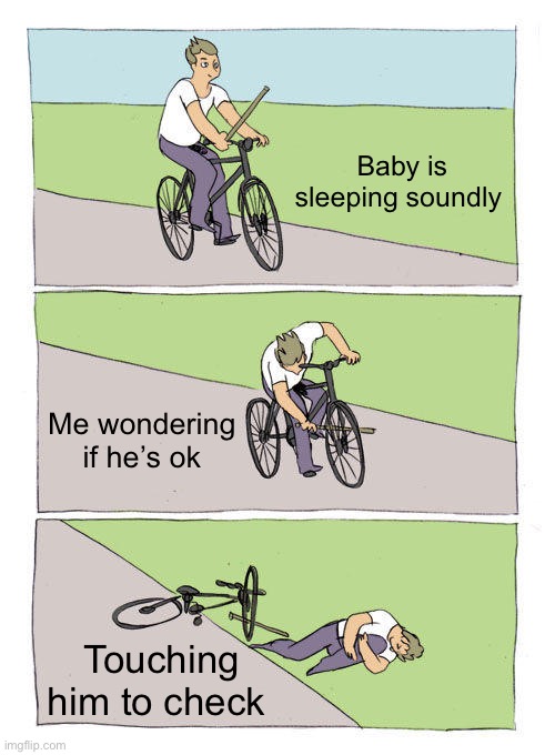 Waking baby | Baby is sleeping soundly; Me wondering if he’s ok; Touching him to check | image tagged in memes,bike fall | made w/ Imgflip meme maker