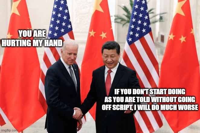 A fly on the wall told me | YOU ARE HURTING MY HAND; IF YOU DON'T START DOING AS YOU ARE TOLD WITHOUT GOING OFF SCRIPT, I WILL DO MUCH WORSE | image tagged in joe biden and president xi of china,china joe biden,a fly told me,red dragon,america in decline,ww3 is here | made w/ Imgflip meme maker