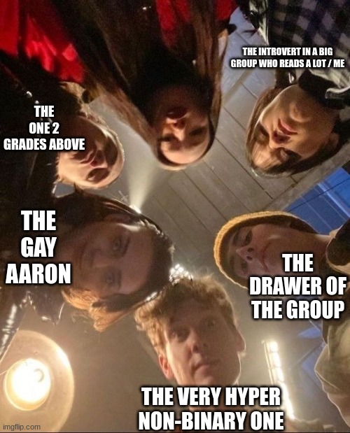 this is true (i couldn't remember anyone else for the group) | THE INTROVERT IN A BIG GROUP WHO READS A LOT / ME; THE ONE 2 GRADES ABOVE; THE GAY AARON; THE DRAWER OF THE GROUP; THE VERY HYPER NON-BINARY ONE | image tagged in wedsenday | made w/ Imgflip meme maker