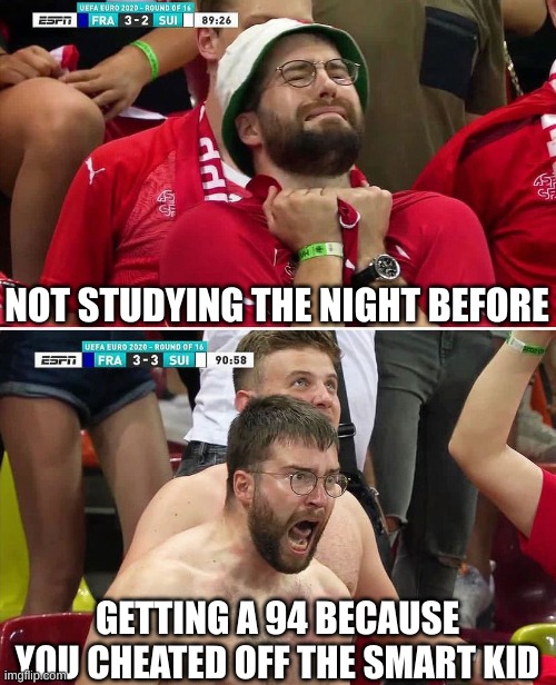 Study Kids.It Saves Ya | NOT STUDYING THE NIGHT BEFORE; GETTING A 94 BECAUSE YOU CHEATED OFF THE SMART KID | image tagged in euro 2020 swiss fan,football | made w/ Imgflip meme maker