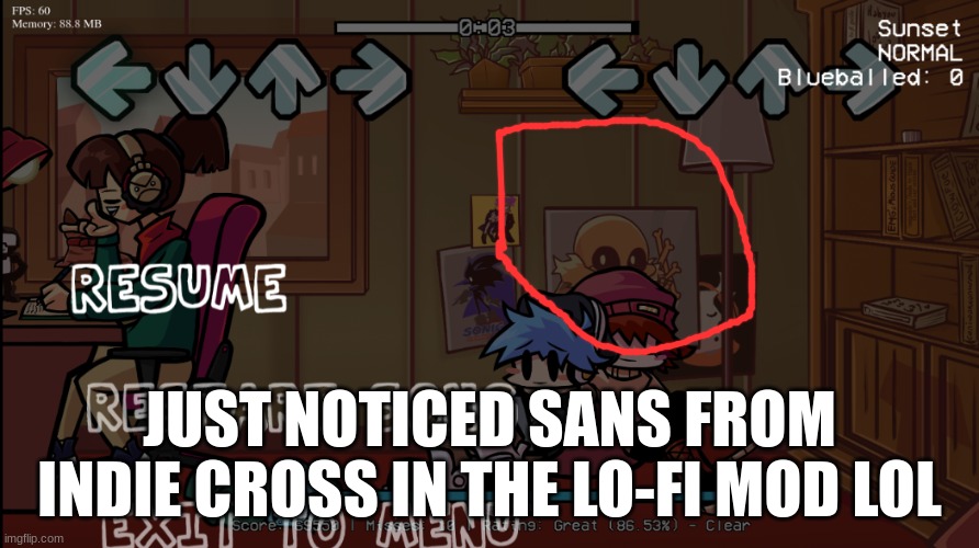 S E N S |  JUST NOTICED SANS FROM INDIE CROSS IN THE LO-FI MOD LOL | image tagged in sans,indie cross,lo fi,fnf | made w/ Imgflip meme maker