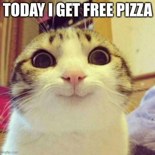 pizza | TODAY I GET FREE PIZZA | image tagged in memes,smiling cat | made w/ Imgflip meme maker