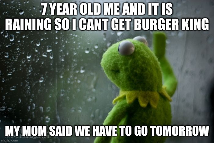 kermit window | 7 YEAR OLD ME AND IT IS RAINING SO I CANT GET BURGER KING; MY MOM SAID WE HAVE TO GO TOMORROW | image tagged in kermit window | made w/ Imgflip meme maker