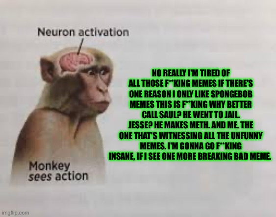 Lol | NO REALLY I'M TIRED OF ALL THOSE F**KING MEMES IF THERE'S ONE REASON I ONLY LIKE SPONGEBOB MEMES THIS IS F**KING WHY BETTER CALL SAUL? HE WENT TO JAIL. JESSE? HE MAKES METH. AND ME. THE ONE THAT'S WITNESSING ALL THE UNFUNNY MEMES. I'M GONNA GO F**KING INSANE, IF I SEE ONE MORE BREAKING BAD MEME. | image tagged in neuron activation | made w/ Imgflip meme maker