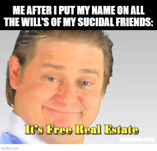 Buisness Idea For The Stealing | ME AFTER I PUT MY NAME ON ALL
THE WILL'S OF MY SUCIDAL FRIENDS: | image tagged in it's free real estate | made w/ Imgflip meme maker