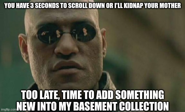 Matrix Morpheus | YOU HAVE 3 SECONDS TO SCROLL DOWN OR I'LL KIDNAP YOUR MOTHER; TOO LATE, TIME TO ADD SOMETHING NEW INTO MY BASEMENT COLLECTION | image tagged in memes,matrix morpheus | made w/ Imgflip meme maker