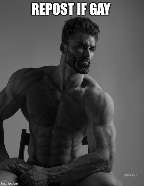 Giga Chad | REPOST IF GAY | image tagged in giga chad | made w/ Imgflip meme maker