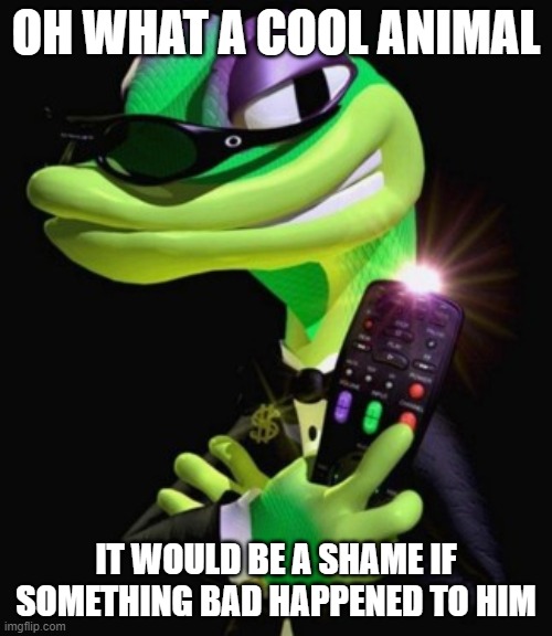 say gex | OH WHAT A COOL ANIMAL; IT WOULD BE A SHAME IF SOMETHING BAD HAPPENED TO HIM | image tagged in gex | made w/ Imgflip meme maker