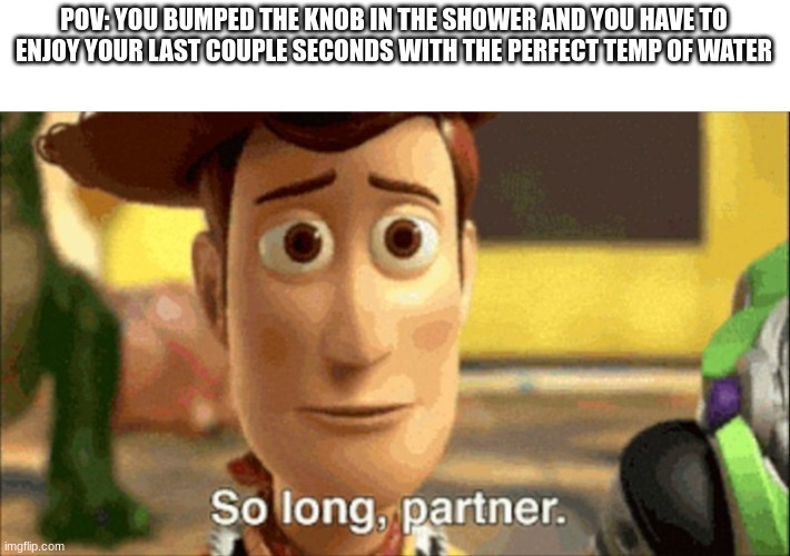 It's always so sad | POV: YOU BUMPED THE KNOB IN THE SHOWER AND YOU HAVE TO ENJOY YOUR LAST COUPLE SECONDS WITH THE PERFECT TEMP OF WATER | image tagged in so long partner,shower,perfect water temp,temperature | made w/ Imgflip meme maker