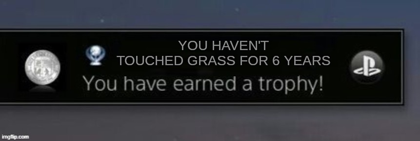 meme | YOU HAVEN'T TOUCHED GRASS FOR 6 YEARS | image tagged in playstation trophy | made w/ Imgflip meme maker