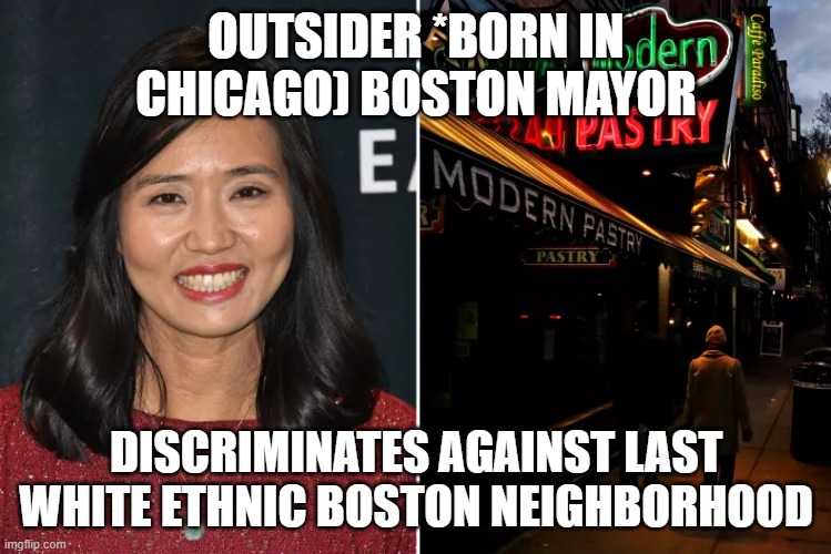 OUTSIDER *BORN IN CHICAGO) BOSTON MAYOR; DISCRIMINATES AGAINST LAST WHITE ETHNIC BOSTON NEIGHBORHOOD | image tagged in memes | made w/ Imgflip meme maker