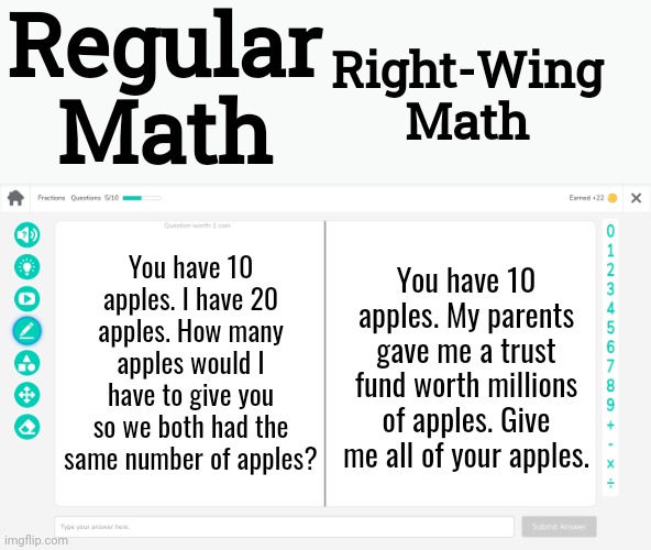Empty Math Question | Right-Wing Math; Regular Math; You have 10 apples. I have 20 apples. How many apples would I have to give you so we both had the same number of apples? You have 10 apples. My parents gave me a trust fund worth millions of apples. Give me all of your apples. | image tagged in empty math question,scumbag republicans,terrorists,white trash,maga | made w/ Imgflip meme maker