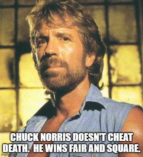 Chuck Norris | CHUCK NORRIS DOESN'T CHEAT DEATH.  HE WINS FAIR AND SQUARE. | image tagged in chuck norris | made w/ Imgflip meme maker