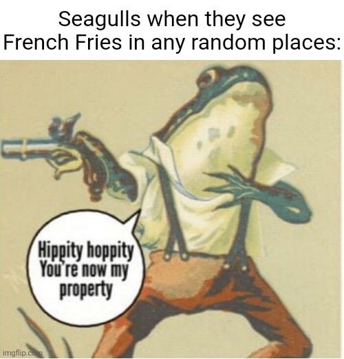 Seagulls and French Fries | Seagulls when they see French Fries in any random places: | image tagged in hippity hoppity you're now my property,memes,french fries,comment section,seagull,comments | made w/ Imgflip meme maker