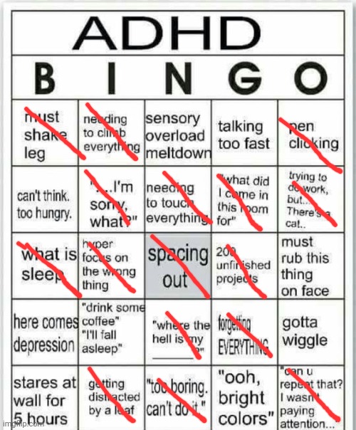 I haven't been diagnosed with ADHD. Idk do i have. I rly don't care, did this bc bored. | image tagged in adhd bingo | made w/ Imgflip meme maker