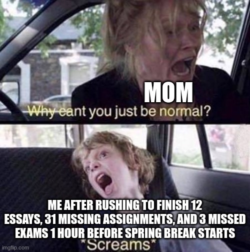 Why Can't You Just Be Normal | MOM; ME AFTER RUSHING TO FINISH 12 ESSAYS, 31 MISSING ASSIGNMENTS, AND 3 MISSED EXAMS 1 HOUR BEFORE SPRING BREAK STARTS | image tagged in why can't you just be normal | made w/ Imgflip meme maker