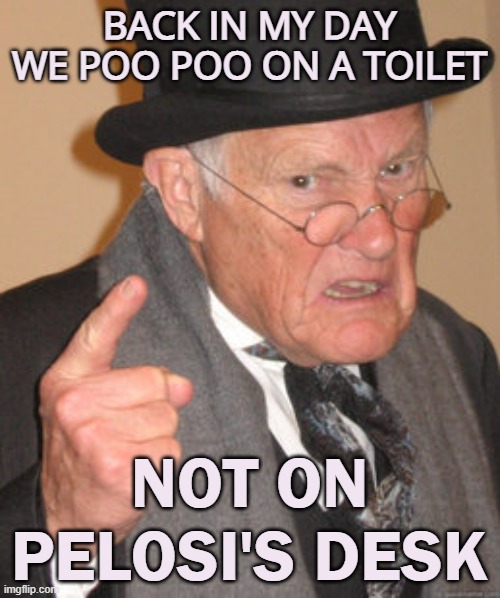 Back In My Day Meme | BACK IN MY DAY WE POO POO ON A TOILET NOT ON PELOSI'S DESK | image tagged in memes,back in my day | made w/ Imgflip meme maker