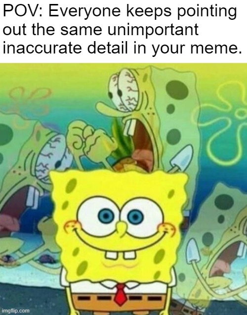 Literally Every Time | POV: Everyone keeps pointing out the same unimportant inaccurate detail in your meme. | image tagged in supressed pain,relatable,funny memes,spongebob | made w/ Imgflip meme maker