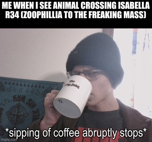 I'M GEETIN ME BULLET LAUNCHER | ME WHEN I SEE ANIMAL CROSSING ISABELLA R34 (ZOOPHILLIA TO THE FREAKING MASS) | image tagged in sipping of coffee abruptly stops | made w/ Imgflip meme maker