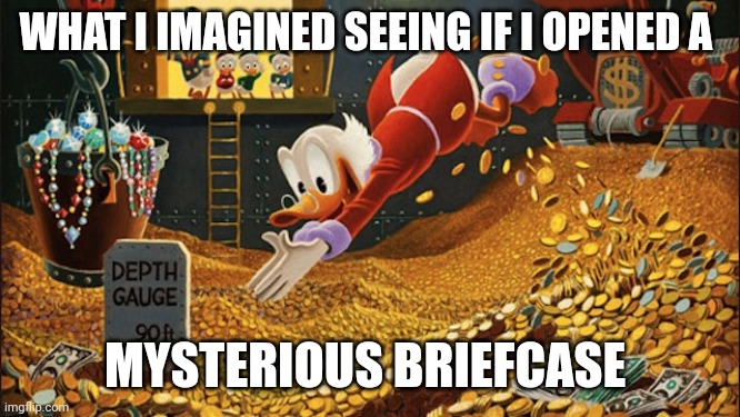 Money brief case | WHAT I IMAGINED SEEING IF I OPENED A; MYSTERIOUS BRIEFCASE | image tagged in scrooge mcduck | made w/ Imgflip meme maker