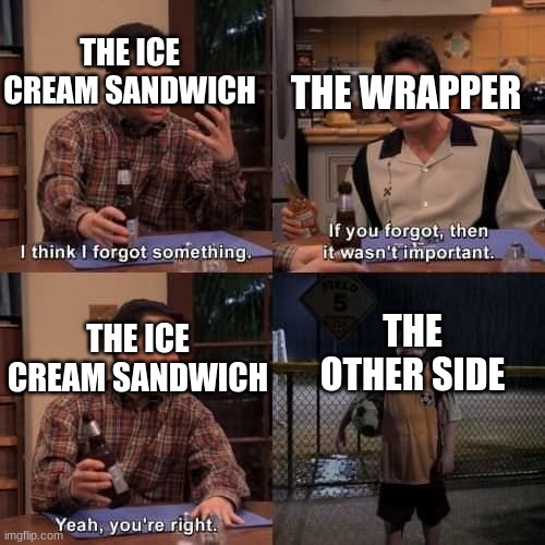 I think I forgot something | THE ICE CREAM SANDWICH THE WRAPPER THE ICE CREAM SANDWICH THE OTHER SIDE | image tagged in i think i forgot something | made w/ Imgflip meme maker