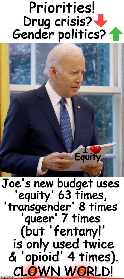 Joe, NOVEL IDEA...let's get back to prioritizing what is between our EARS and not between our LEGS! | Priorities! Drug crisis? 
Gender politics? I; Equity; Joe's new budget uses 
'equity' 63 times, 
'transgender' 8 times 
'queer' 7 times; (but 'fentanyl' is only used twice & 'opioid' 4 times). CLOWN WORLD! | image tagged in politics,joe biden,budget,equity,priorities,political humor | made w/ Imgflip meme maker