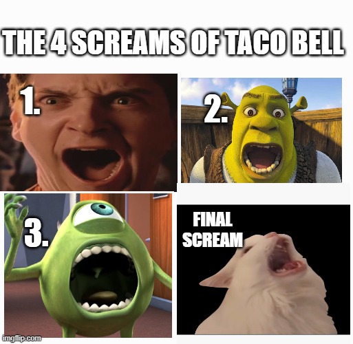 4 screams of taco bell | THE 4 SCREAMS OF TACO BELL; 1. 2. FINAL SCREAM; 3. | image tagged in 4 square grid | made w/ Imgflip meme maker